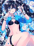  bad_id bad_pixiv_id black_bra black_hair blue_eyes bra breasts cleavage hair_ornament lium long_hair open_mouth original small_breasts solo twintails underwear 