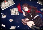  ayano_no_koufuku_riron_(vocaloid) black_eyes black_legwear black_skirt brown_hair highres kagerou_project kan_(rainconan) long_hair lying necktie on_side photo_(object) pleated_skirt red_neckwear skirt socks solo_focus tateyama_ayano 