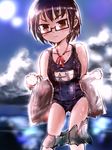  bare_shoulders black-framed_eyewear black_hair blue_sky brown_eyes cloud collarbone commentary_request covered_navel cowboy_shot day glasses highres jewelry kagaku_chop looking_at_viewer microskirt nagakura_ren name_tag neck_ring nishi_(nishinotes) one-piece_swimsuit red_ribbon ribbon school_swimsuit school_uniform semi-rimless_eyewear shiny shiny_hair short_hair skin_tight skirt skirt_pull sky solo standing sun sunlight swimsuit under-rim_eyewear undressing water wavy_mouth 