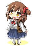  :d alternate_costume anchor_symbol bag blush_stickers bow bowtie brown_eyes brown_hair chibi commentary_request fang hair_bow hair_ornament hairclip ikazuchi_(kantai_collection) kantai_collection looking_at_viewer open_mouth oshiruko_(uminekotei) short_hair shoulder_bag skirt smile solo white_background 