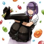  ass black_legwear blue_eyes candy crotch_seam dagashi_kashi dress feet food hairband knees_to_chest leg_hug legs looking_at_viewer panties panties_under_pantyhose pantyhose purple_hair shidare_hotaru sitting smile soles solo thighband_pantyhose toes umaibou underwear white_panties yomu_(sgt_epper) 