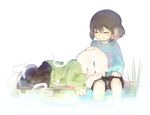  1other ^_^ androgynous asriel_dreemurr brown_hair caribun closed_eyes frisk_(undertale) full_body grass hand_on_another's_head lap_pillow long_sleeves lying monster_boy on_side pants parted_lips plant shirt shorts simple_background sitting sleeping sleeping_on_person smile soaking_feet spoilers striped striped_shirt undertale water what_if white_background 