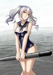  absurdres cosplay flower hair_flower hair_ornament highres holding holding_torpedo kantai_collection kashima_(kantai_collection) lifebuoy one-piece_swimsuit onsentaisa ro-500_(kantai_collection) ro-500_(kantai_collection)_(cosplay) school_swimsuit silver_hair solo swimsuit swimsuit_under_clothes torpedo twintails wavy_hair 