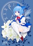  ass blue_background blue_dress blue_eyes blue_hair bow brown_footwear cirno collared_shirt dress flower hair_bow inoue_yukita leaf legs lily_(flower) looking_at_viewer maple_leaf patterned_background ribbon roman_numerals shirt shoes short_hair sleeveless sleeveless_dress solo thighhighs time touhou white_legwear white_shirt 