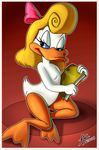 2008 avian bedroom_eyes bird blonde_hair book duck feathers female fernando_faria hair hair_bow half-closed_eyes looking_away nude seductive shirley_the_loon simple_background solo tiny_toon_adventures warner_brothers white_feathers 
