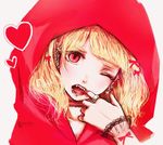  blonde_hair bow ear_piercing eyelashes finger_in_mouth grimm's_fairy_tales heart hood jewelry little_red_riding_hood little_red_riding_hood_(grimm) mouth_pull nail_polish nyarotyn one_eye_closed open_mouth piercing pink_eyes portrait ring solo tongue_piercing watermark 