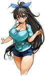  black_hair blue_eyes blue_ribbon blush breasts cleavage earrings ganaha_hibiki hair_ribbon huge_breasts idolmaster idolmaster_(classic) jewelry looking_at_viewer parted_lips ponytail ribbon sachito shorts simple_background smile solo thick_thighs thighs white_background 