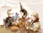  2boys ^_^ ^o^ ahoge alma_beoulve armor beige_background birthday blonde_hair brown_hair cake cape closed_eyes delita_heiral final_fantasy final_fantasy_tactics fingerless_gloves food gauntlets gift gloves hat jacket long_sleeves mos multiple_boys party_hat ramza_beoulve ribbon sack shoulder_pads simple_background sitting star table upper_body 