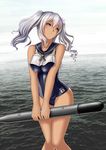  absurdres cosplay flower hair_flower hair_ornament highres holding holding_torpedo kantai_collection kashima_(kantai_collection) lifebuoy one-piece_swimsuit onsentaisa ro-500_(kantai_collection) ro-500_(kantai_collection)_(cosplay) school_swimsuit silver_hair solo swimsuit swimsuit_under_clothes tan torpedo twintails wavy_hair 