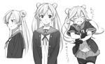  abukuma_(kantai_collection) bike_shorts closed_eyes double_bun fingerless_gloves from_side gloves greyscale hair_rings kantai_collection kinosuke_(sositeimanoga) long_hair looking_at_viewer monochrome multiple_views open_mouth remodel_(kantai_collection) school_uniform serafuku shorts shorts_under_skirt sketch skirt smile tears translated twintails v_arms wavy_mouth 
