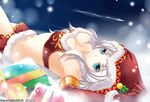  ashe_(league_of_legends) blue_eyes breasts cleavage elbow_gloves gloves hat league_of_legends long_hair looking_at_viewer lying medium_breasts on_back red_gloves rokugatsu_no_usagi santa_hat sideboob silver_hair snow solo 