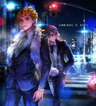  blonde_hair blue_eyes building car earrings formal giorno_giovanna ground_vehicle guido_mista hands_in_pockets hat highres italian jewelry jojo_no_kimyou_na_bouken lens_flare male_focus motor_vehicle multiple_boys necktie nekoremon night road scarf shiny skyscraper street suit suspenders traffic_light translated yellow_eyes 