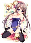  2016 black_legwear breasts brown_hair cleavage competition_school_swimsuit hair_ornament hairclip hat looking_at_viewer monkey nagayama_yuunon one-piece_swimsuit original pulled_by_self purple_eyes school_swimsuit sitting small_breasts smile solo strap_slip swimsuit swimsuit_tug thighhighs twintails wariza 