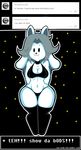  anthro bra breasts canine cat clothed clothing cute dog dongitos feline female fur grey_hair hair legwear looking_at_viewer mammal panties smile solo temmie_(undertale) text thick_thighs thigh_highs topless tumblr undertale underwear video_games white_fur wide_hips 