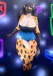  anthro big_breasts breasts brown_eyes cleavage clothed clothing ear_piercing erect_nipples female huge_breasts hyena jewelry looking_at_viewer mammal nipples piercing ryousakai shorts smile solo spots standing 