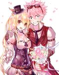  1girl bad_id bad_pixiv_id black_eyes black_gloves black_neckwear blonde_hair bouquet breasts brown_eyes cherry_blossoms cleavage eyewear_on_head fairy_tail fingerless_gloves flower gloves hat highres holding holding_bouquet lium long_hair lucy_heartfilia medium_breasts mini_hat natsu_dragneel necktie open_mouth pink_hair ribbon ribbon-trimmed_clothes ribbon_trim simple_background spiked_hair white_background white_gloves 