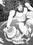  abs bad_id bad_pixiv_id battle_tendency boots bound character_request from_above greyscale highres horns jojo_no_kimyou_na_bouken kars_(jojo) loincloth long_hair male_focus midair monochrome multiple_boys muscle pakira_(trrrrrrlrrr) smile tentacles wings 