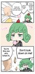  1girl 3koma anger_vein bald blush_stickers candy cape chibi comic english food green_eyes green_hair hard_translated hashimoto_kurara highres licking lollipop one-punch_man saitama_(one-punch_man) tatsumaki telekinesis white_cape 