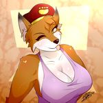  anthro big_breasts breasts brown_eyes canine cleavage clothed clothing female fox hat looking_at_viewer mammal one_eye_closed ryousakai solo tongue tongue_out wink winking_at_viewer 