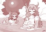  animal_humanoid anthro big_breasts blush breast_envy breasts chalo clothed clothing dragon dragon_humanoid duo eyes_closed female hair horn hot_spring huge_breasts humanoid long_hair monochrome moon small_breasts smile water wings 