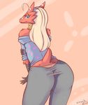  abstract_background blaziken blonde_hair butt clothed clothing girly grin hair izzy223 looking_at_viewer looking_back male nintendo pok&eacute;mon presenting presenting_hindquarters raised_tail skimpy sweat video_games 