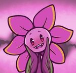  bad_tumblr_id blush devicho face flower flowey_(undertale) leaf looking_at_viewer mirai_nikki no_humans open_mouth parody pink pink_background pink_eyes purple_background purple_eyes simple_background solo teeth undertale upper_body yandere_trance 