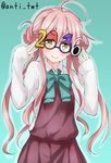  2016 ahoge anti_(untea9) commentary double_bun dress fancy_glasses glasses highres kantai_collection long_hair long_sleeves looking_at_viewer makigumo_(kantai_collection) pink_hair sleeves_past_wrists smile solo twintails twitter_username yellow_eyes 