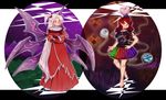  barefoot chain clothes_writing collar demon_wings earth_(ornament) hair_ornament hecatia_lapislazuli highres middle_finger moon_(ornament) multicolored multicolored_clothes multicolored_skirt multiple_girls muutzi polos_crown purple_eyes red_eyes red_hair robe shinki skirt touhou touhou_(pc-98) white_hair wings 