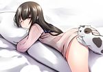  ass bad_id bad_pixiv_id blush body_pillow brown_eyes brown_hair cat convenient_censoring long_hair looking_at_viewer nekobaka one_eye_closed original pillow pillow_hug ribbed_sweater simple_background solo sweater white_background 