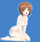  arm_support barefoot bikini blue_background breast_squeeze breasts brown_eyes brown_hair cleavage full_body girls_und_panzer highres leaning_forward looking_at_viewer medium_breasts nanashino navel nishizumi_miho open_mouth outline side-tie_bikini simple_background sitting solo swimsuit wariza white_bikini 