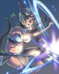  animal_ears blonde_hair blue_eyes breasts cat_ears cat_tail cleavage cowboy_shot elbow_gloves facial_mark final_fantasy final_fantasy_xi gloves headband knee_pads loincloth looking_at_viewer medium_breasts midriff mithra navel open_mouth ponytail quot solo tail 