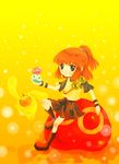  arle_nadja armor blue_eyes boots brown_hair carbuncle_(puyopuyo) hoyuki_(mangekyou) jewelry madou_monogatari ponytail puyo_(puyopuyo) puyopuyo short_hair smile sparkle yellow yellow_background 