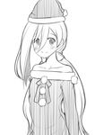  alternate_costume bare_shoulders blush greyscale hat kantai_collection kiyoshimo_(kantai_collection) long_hair looking_at_viewer monochrome nakamura_kusata pom_pom_(clothes) santa_hat smile solo twintails 