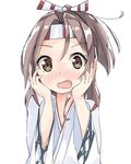  blush flustered hachimaki headband high_ponytail japanese_clothes kanisaka_shizuku kantai_collection light_brown_eyes light_brown_hair long_hair looking_at_viewer open_mouth ponytail solo wavy_mouth zuihou_(kantai_collection) 