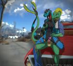  2016 anthro balls breasts car digital_media_(artwork) dinosaur erection fallout female linuell lizard male male/female open_mouth penetration penis pussy raider reptile scales scalie sex vehicle video_games 