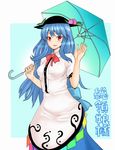  blue_hair chin_(motio7201) food fruit hat hinanawi_tenshi long_hair open_mouth peach red_eyes solo touhou umbrella 