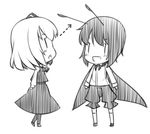  antennae blush cape directional_arrow dress fang greyscale hair_ribbon looking_at_another looking_up lowres monochrome multiple_girls nakamura_kusata open_mouth ribbon rumia short_hair touhou wriggle_nightbug 