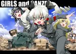  anchovy anzio_military_uniform belt black_eyes black_hair black_shirt blonde_hair braid carpaccio carro_armato_p40 carro_veloce_cv-33 cloud cloudy_sky commentary copyright_name day dress_shirt drill_hair girls_und_panzer green_eyes green_hair grey_jacket grey_pants ground_vehicle hair_ribbon helmet holding jacket kurose_kousuke long_hair long_sleeves military military_uniform military_vehicle motor_vehicle multiple_girls necktie open_mouth outdoors pants pepperoni_(girls_und_panzer) ribbon riding_crop running semovente_75/18 shirt short_hair shoulder_belt skirt sky smile tank twin_drills twintails uniform 