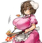  alternate_breast_size animal_ears apron bouncing_breasts breasts brown_hair bunny_ears cooking fire frying_pan huge_breasts inaba_tewi jewelry necklace perky_breasts red_eyes sachito short_hair solo thick_eyebrows thick_thighs thighs touhou 