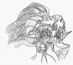  :d angry artist_request bangs grandia grandia_ii graphite_(medium) greyscale hair_ornament high_ponytail long_hair millenia_(grandia) monochrome open_mouth parted_bangs smile solo traditional_media upper_body v-shaped_eyebrows 