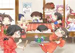  &gt;_&lt; 6+girls :d =_= ^_^ akagi_(kantai_collection) alternate_costume alternate_hairstyle antenna_hair bangs black_eyes black_hair blush bow brown_eyes brown_hair calendar_(object) closed_eyes commentary_request double_bun drum_canister_(kantai_collection) drunk eating error_musume facepaint fairy_(kantai_collection) folded_ponytail girl_holding_a_cat_(kantai_collection) green_hair hagoita hair_bow hair_flaps hair_ornament hair_ribbon hairclip hanetsuki hatsuyuki_(kantai_collection) hiei_(kantai_collection) highres hinata_yuu japanese_clothes jintsuu_(kantai_collection) jun'you_(kantai_collection) kantai_collection kimono kotatsu light_brown_hair long_hair multiple_girls naka_(kantai_collection) new_year open_mouth paddle ponytail purple_hair red_eyes remodel_(kantai_collection) ribbon ryuujou_(kantai_collection) scarf searchlight_(kantai_collection) sendai_(kantai_collection) short_hair side_ponytail sleeping smile snowman sweat table tasuki twintails two_side_up ushio_(kantai_collection) yukikaze_(kantai_collection) yuudachi_(kantai_collection) zouni_soup 