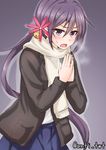  akebono_(kantai_collection) anti_(untea9) bell breath coat cold commentary flower hair_bell hair_flower hair_ornament hands_together highres jingle_bell kantai_collection long_hair looking_at_viewer open_mouth purple_eyes purple_hair scarf school_uniform serafuku side_ponytail solo sweatdrop twitter_username very_long_hair 