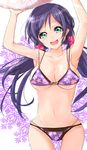  aqua_eyes bikini bikini_top breasts cleavage collarbone floral_print highres large_breasts layered_bikini long_hair love_live! love_live!_school_idol_project low_twintails navel open_mouth print_bikini purple_bikini purple_hair revision smile solo swimsuit thigh_gap toujou_nozomi twintails underboob velia very_long_hair 