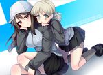  aki_(girls_und_panzer) black_skirt brown_eyes brown_hair girls_und_panzer green_eyes grey_legwear hand_on_own_face hands_on_another's_shoulders hat jacket keizoku_military_uniform kneeling long_sleeves looking_at_viewer mika_(girls_und_panzer) military military_uniform miniskirt multiple_girls pleated_skirt raglan_sleeves shoes short_hair short_twintails sitting skirt smile socks track_jacket twintails uniform uzura_(moimoi) 