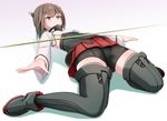  bike_shorts black_legwear brown_eyes brown_hair commentary_request flat_chest hair_between_eyes headband headgear jitome kantai_collection limbo looking_up outstretched_arms panikuru_yuuto parody pleated_skirt short_hair skirt solo taihou_(kantai_collection) thighhighs thighs wide_sleeves 