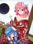  alcohol alternate_costume bandaged_arm bandages blue_hair bun_cover closed_eyes cuffs double_bun drill_hair drunk dutch_angle floral_print hair_bun hair_ornament hair_rings hair_stick highres ibaraki_kasen japanese_clothes kaku_seiga kimono lap_pillow multiple_girls night pink_eyes pink_hair sake short_hair sleeping sleeping_on_person smile touhou u2_(5798239) 