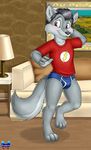  2016 4_fingers anthro black_hair briefs brown_eyes bulge canine clothing cub detailed_background fur grey_fur hair hand_behind_head inner_ear_fluff lamp living_room male mammal nervous onzeno open_mouth painting paws photo pillow shy sofa table the_flash underwear watermark wolf young 