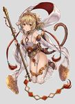  :o ahoge andira_(granblue_fantasy) animal_ears bare_shoulders barefoot blonde_hair blush breasts brown_eyes chestnut_mouth detached_sleeves erune feet full_body fur_trim granblue_fantasy hairband highres looking_at_viewer madogawa monkey_ears monkey_tail red_eyes short_hair sideboob simple_background small_breasts solo staff tail thighhighs toes 