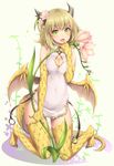  bangs blonde_hair breasts china_dress chinese_clothes cleavage cleavage_cutout covered_navel dragon_girl dragon_horns dragon_tail dragon_wings dress fang flower full_body green_eyes hair_flower hair_ornament highres horns kneeling low_wings medium_breasts open_mouth original sasaame scales short_hair side_slit simple_background solo tail white_background wings 