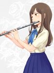  brown_eyes brown_hair flute idolmaster idolmaster_cinderella_girls instrument long_hair mizumoto_yukari school_uniform solo wachiko 